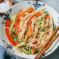 Chinese enoki mushroom salad is a quick and easy appetizer packed with colorful vegetables and a savory sauce that&rsquo;s full of fragrance. {Vegetarian, Gluten-Free Adaptable}
