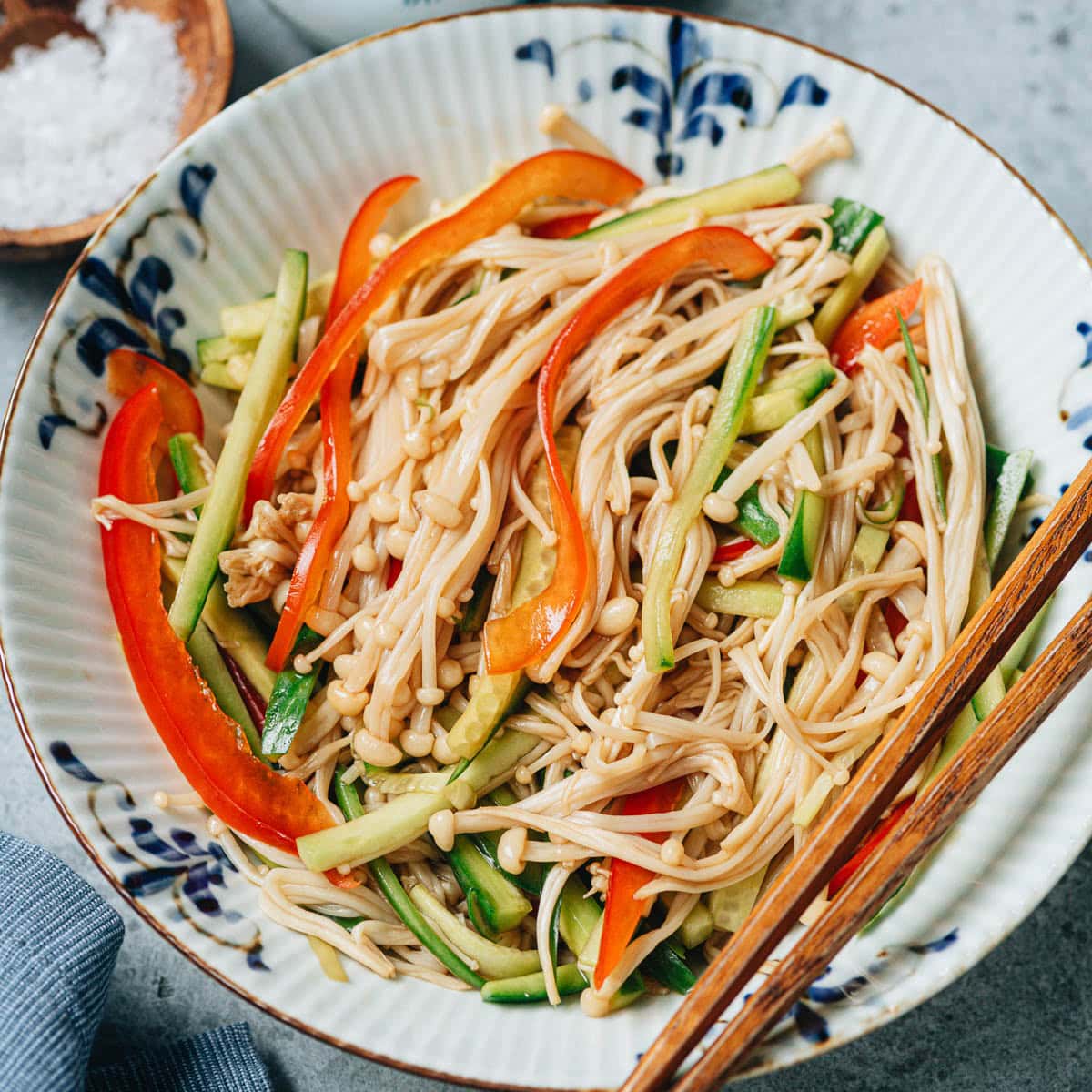 Chinese enoki mushroom salad is a quick and easy appetizer packed with colorful vegetables and a savory sauce that&rsquo;s full of fragrance. {Vegetarian, Gluten-Free Adaptable}