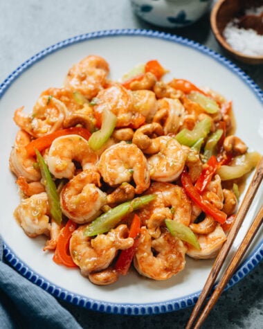 Chinese cashew shrimp with pepper and celery
