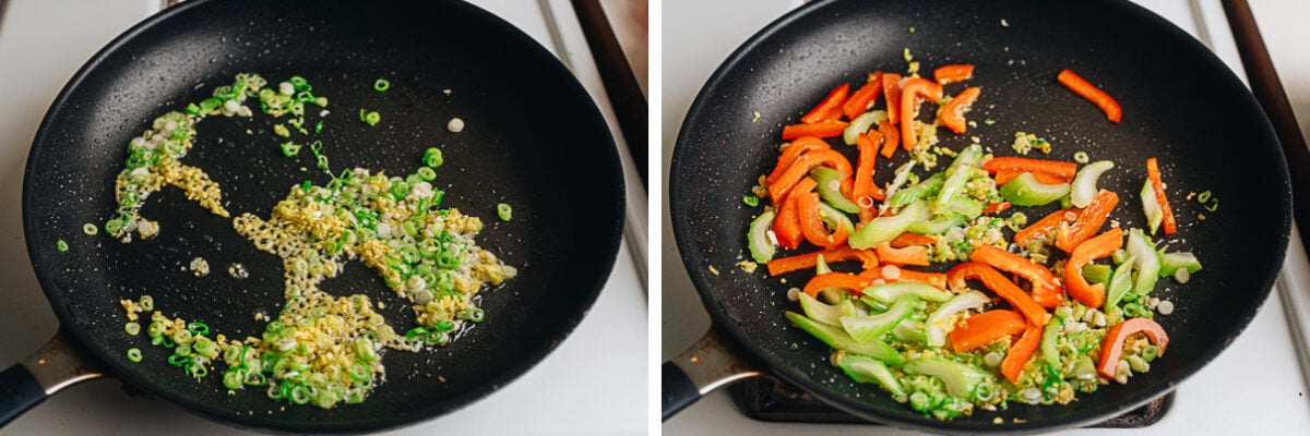 Cook aromatics and vegetables