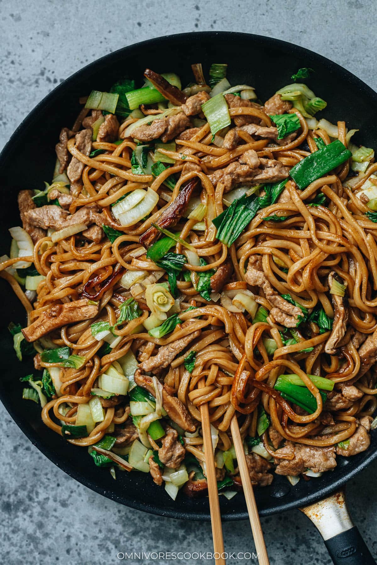 Shanghai fried noodles in a pan