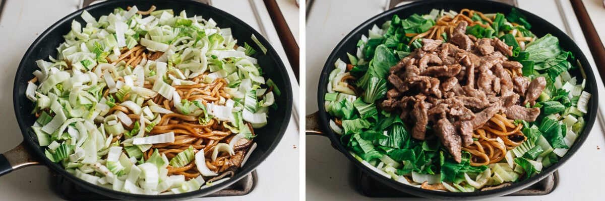 Cook the bok choy and pork