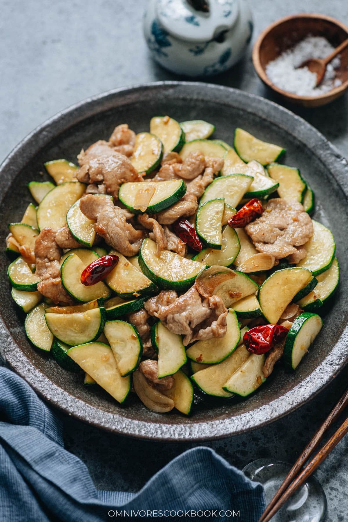 Chinese zucchini and pork stir fry served in a plate