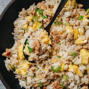 Ginger fried rice close up with a spoon