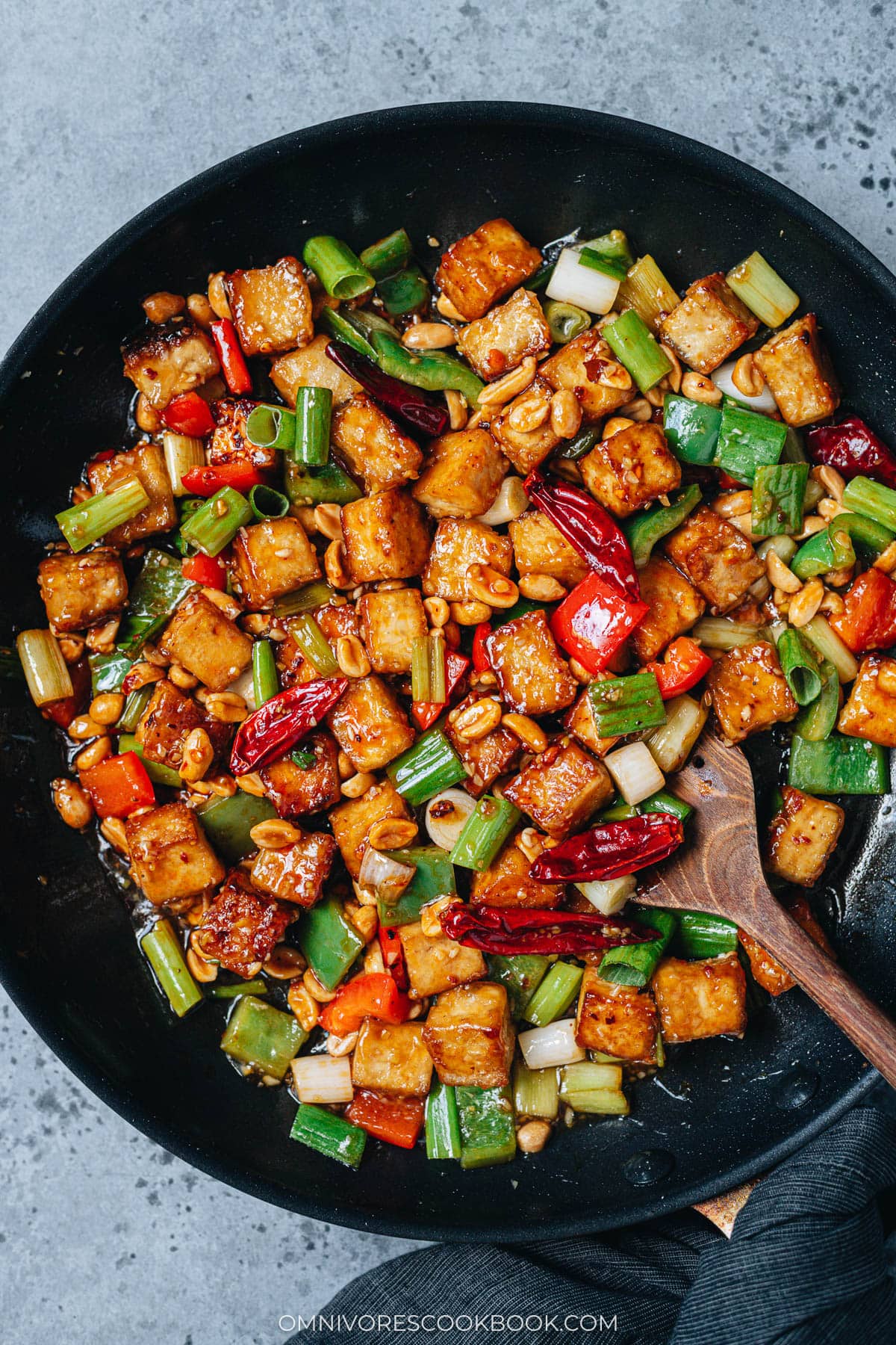 Homemade kung pao tofu in a frying pan