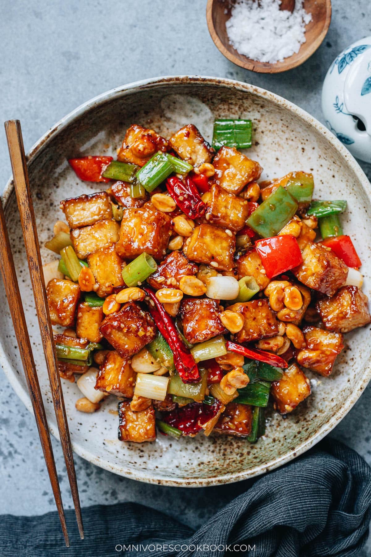 Kung pao tofu served in a plate