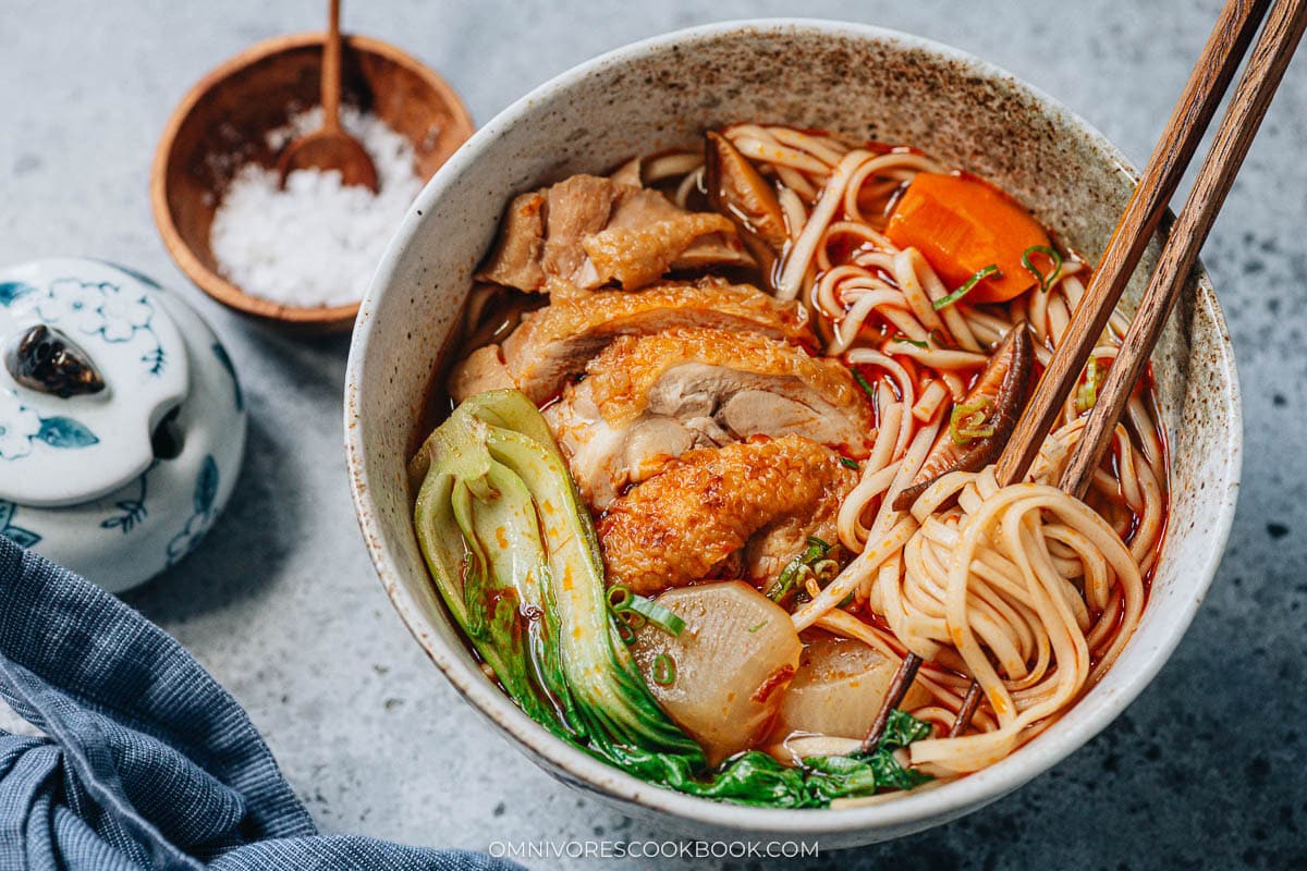 Chinese spicy chicken noodle soup