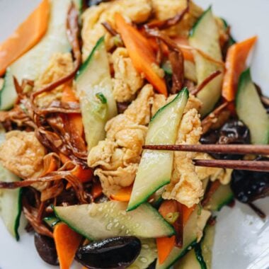 Northern Chinese cucumber and egg stir fry close up