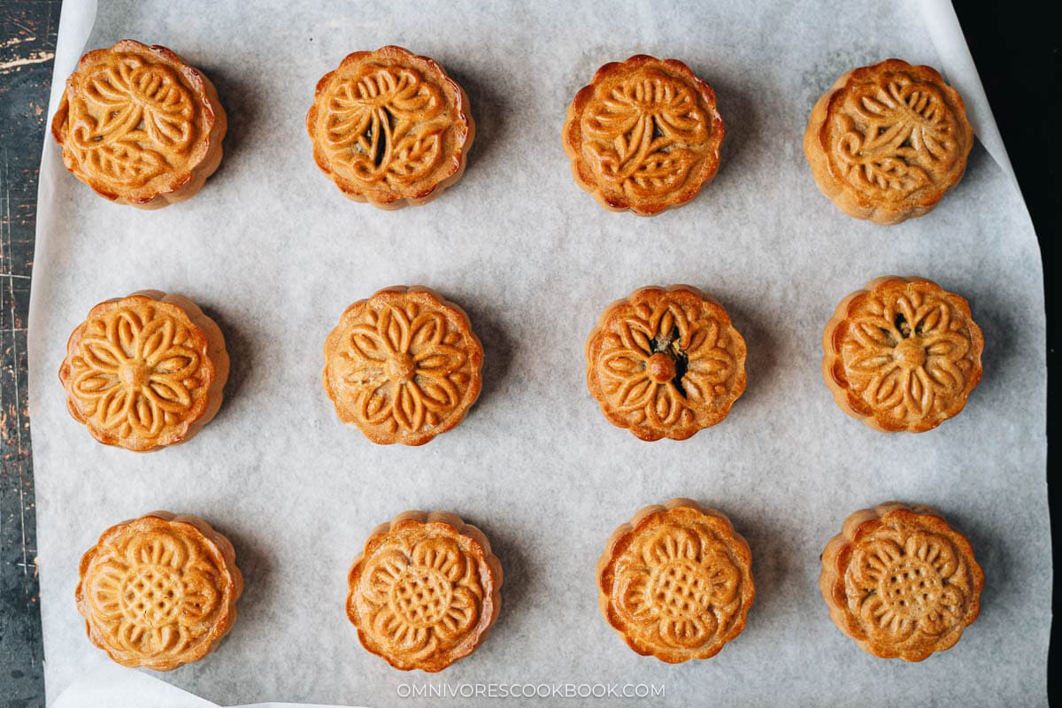 Baked mooncakes on baking sheet