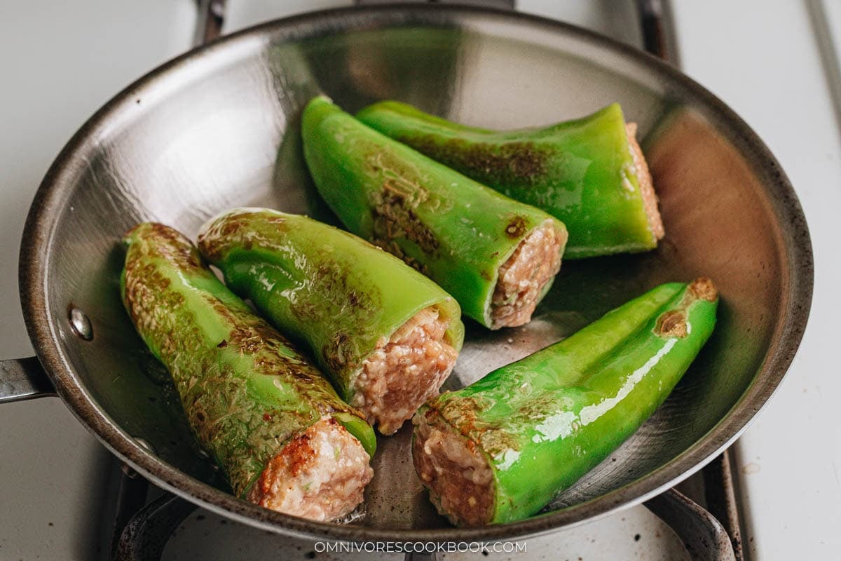 Pan grill the stuffed peppers