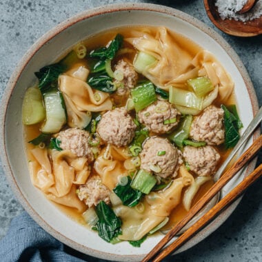 Deconstructed wonton soup served in a bowl