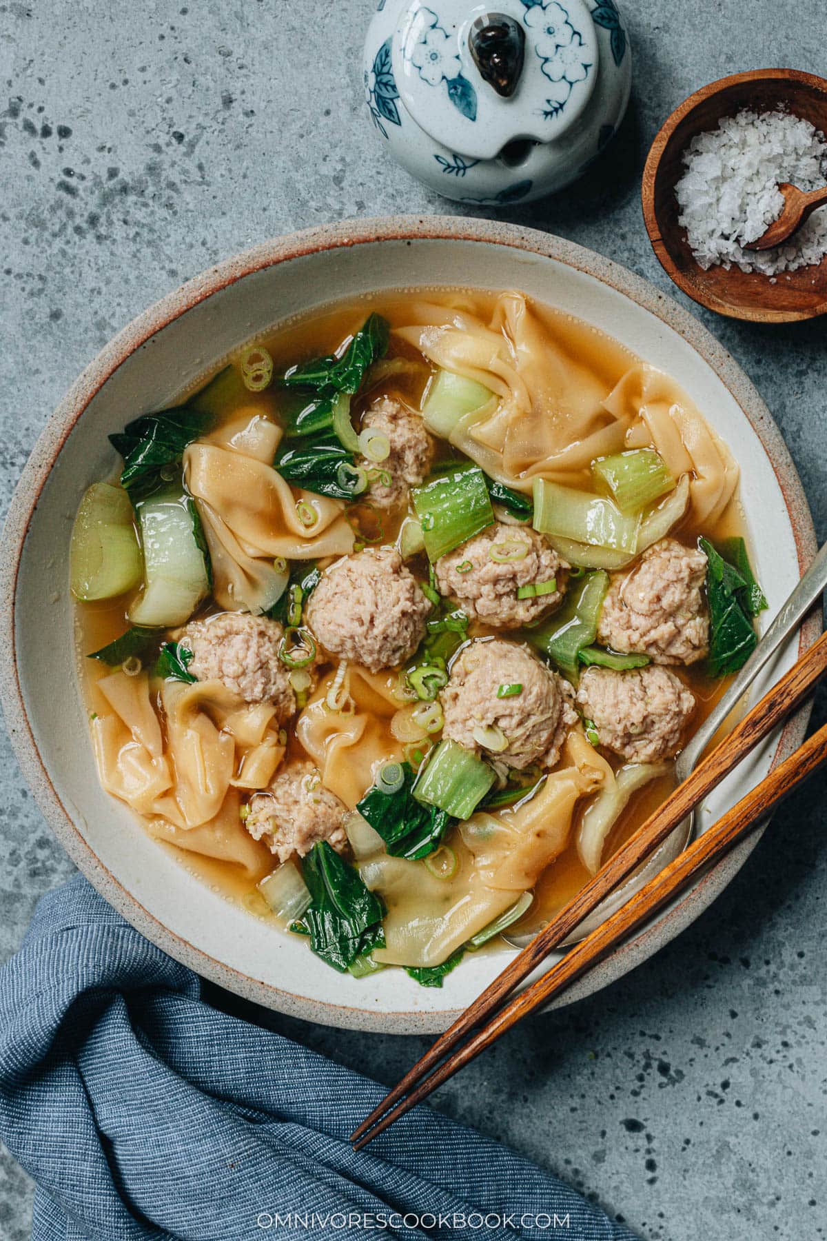 Deconstructed wonton soup served in a bowl