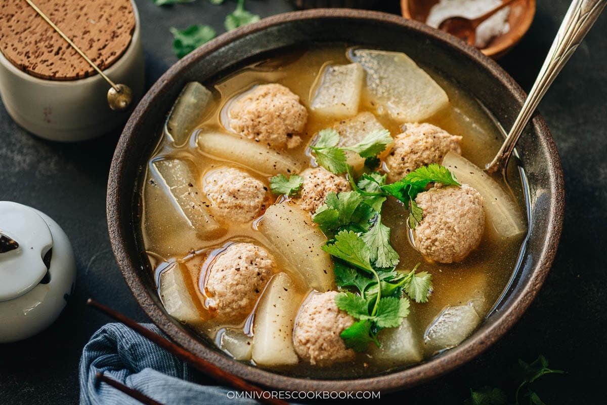 Winter melon and pork meatballs soup with cilantro on top