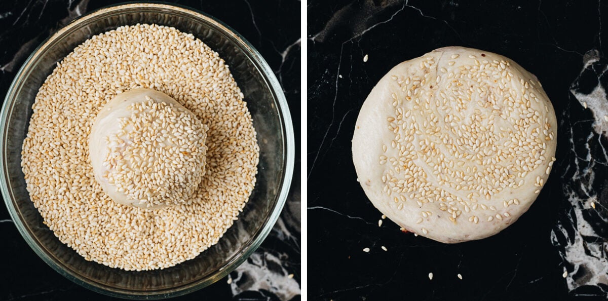 Dip the dough into sesame seeds