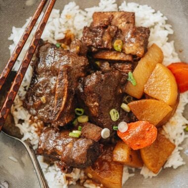 Galbi Jjim served on rice close up