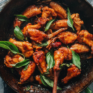 Three cup chicken in a pan