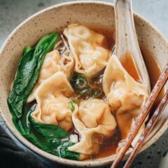 My shrimp wonton soup brings you a restaurant experience in your own kitchen. The light and springy shrimp filled wontons are served in a quick savory broth made with oyster sauce, soy sauce and sesame oil. It’s comforting, elegant, and surprisingly easy to make.