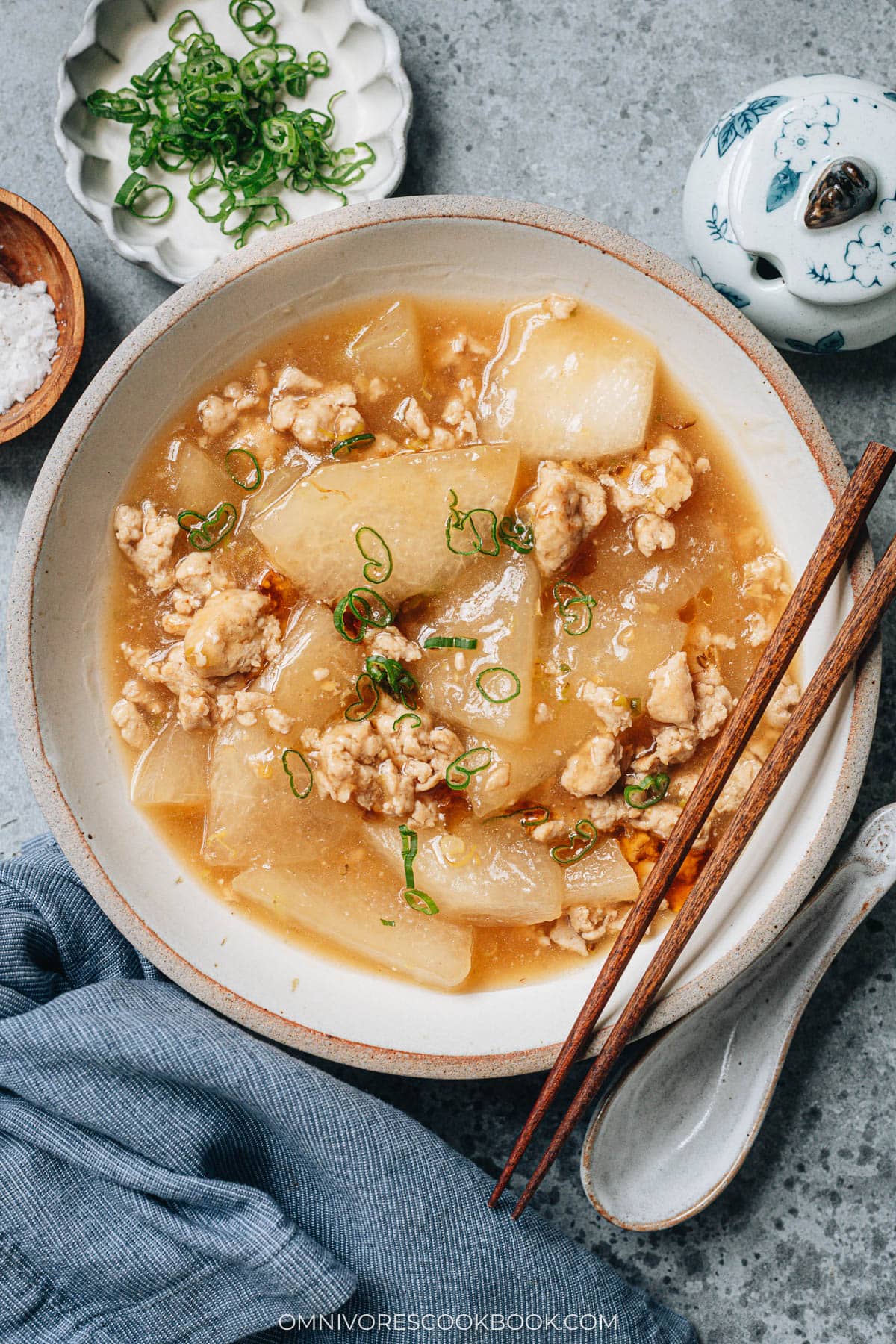 Braised winter melon with ground chicken in a light savory sauce