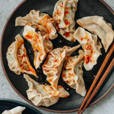 Pork and chive dumplings with chili oil