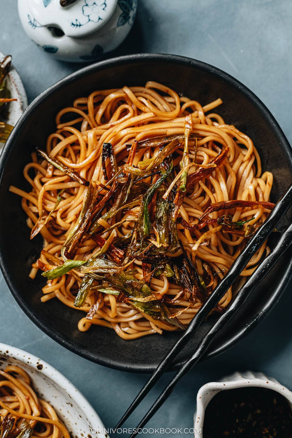 Scallion noodles close up