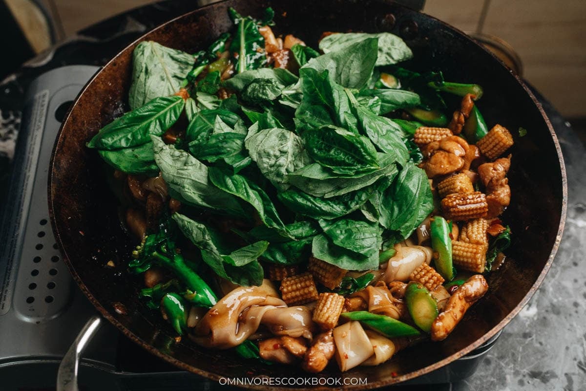 mix in the basil leaves