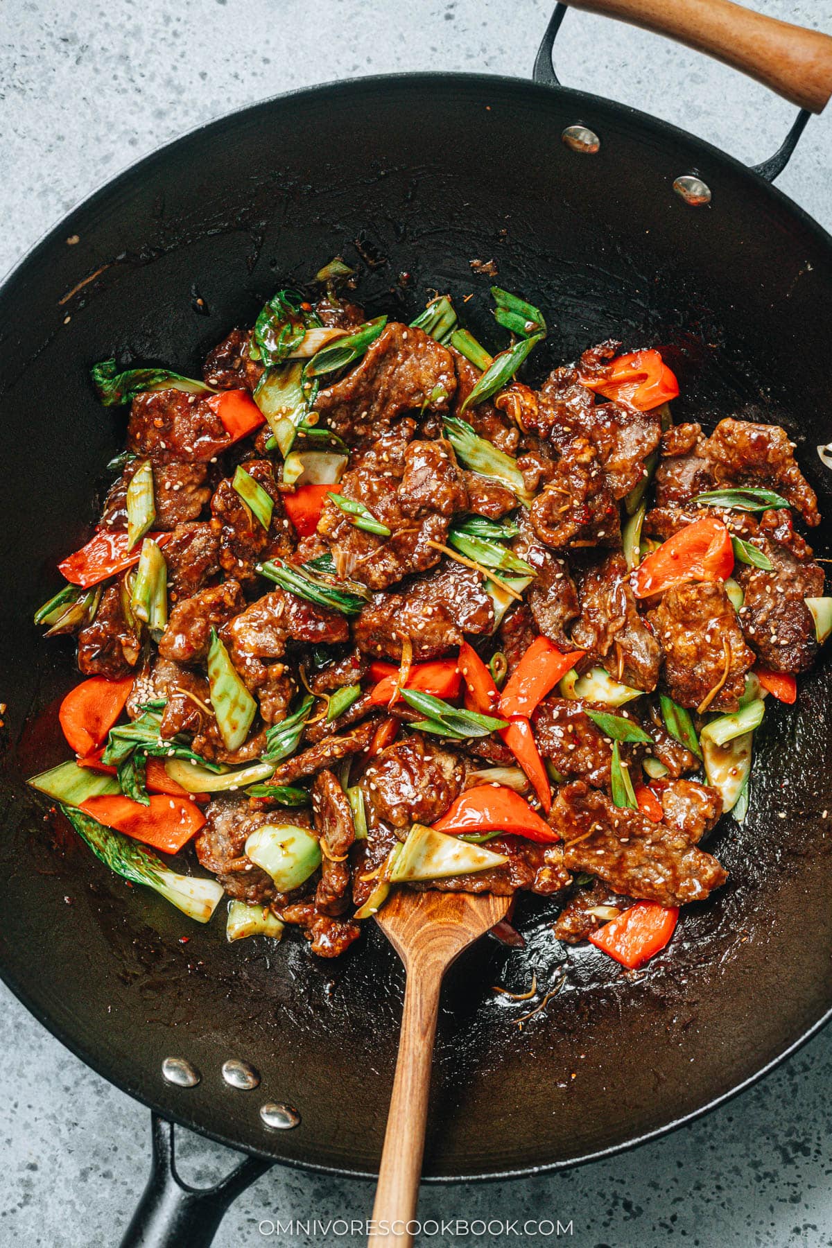 Ginger beef with bok choy and peppers