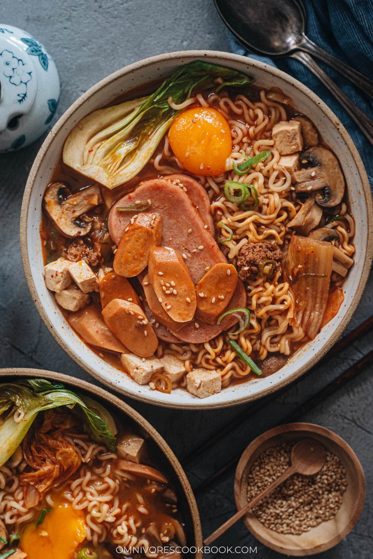 Budae Jjigae served in bowls