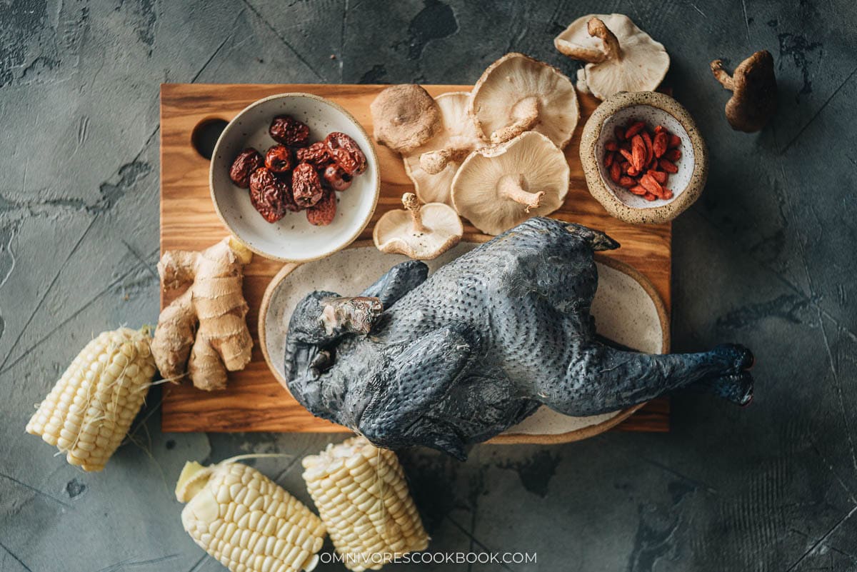 Ingredients for making Chinese silkie chicken soup