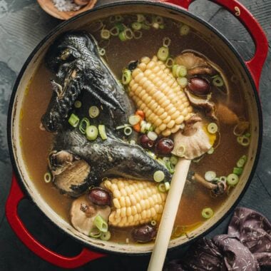 Chinese silkie chicken soup served in a dutch oven