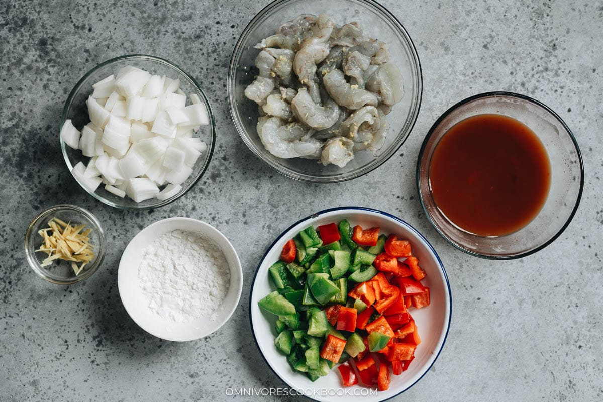 Ingredients for making sweet and sour shrimp