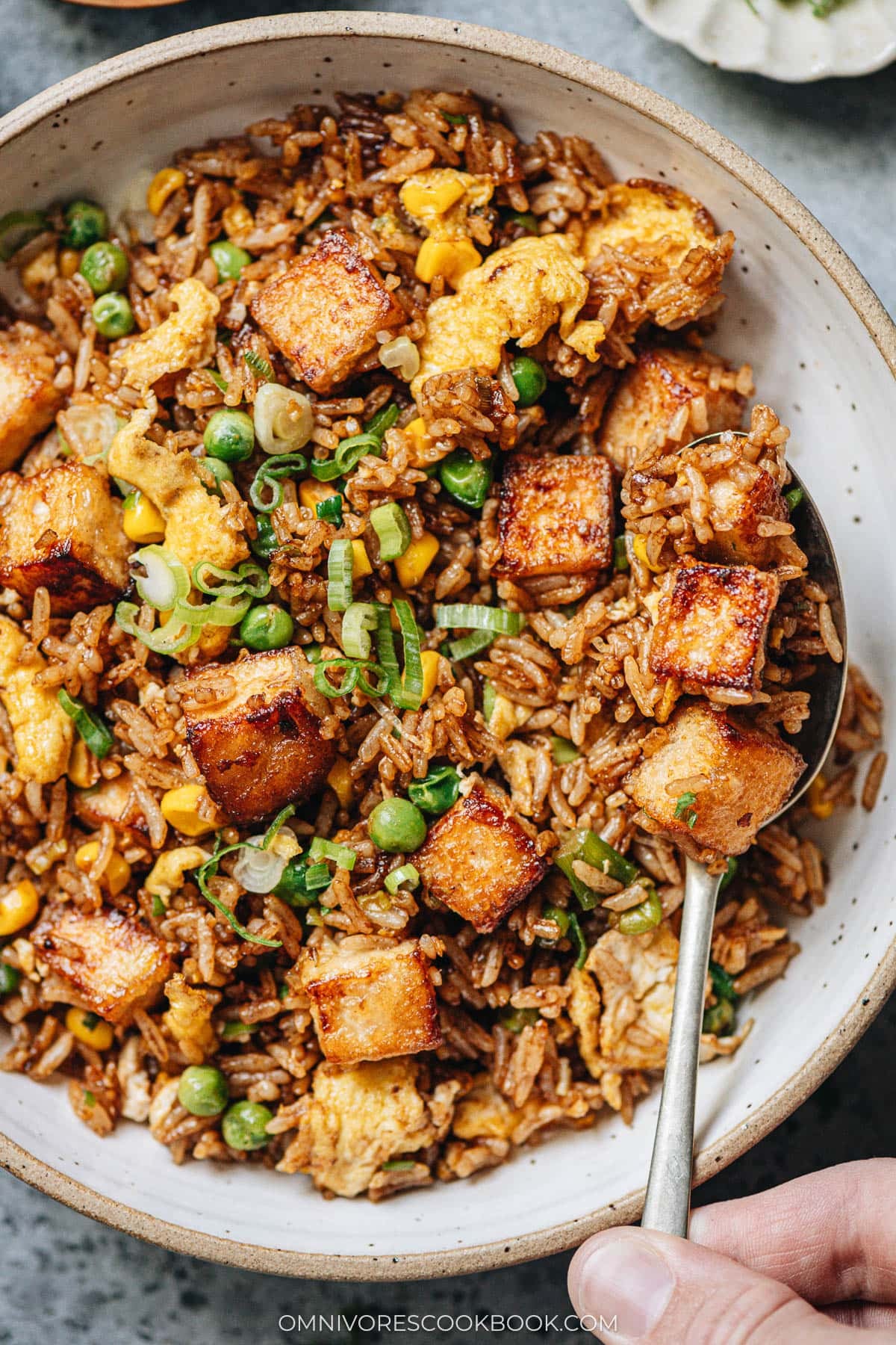 Easy tofu fried rice - A healthy and delicious one-pot meal that you can whip up in 20 minutes. The charred rice is bursting with flavor and loaded with vegetables and lean protein. {Vegetarian, Gluten-free adaptable} #healthy #withegg #vegetable #recipe Tofu fried rice