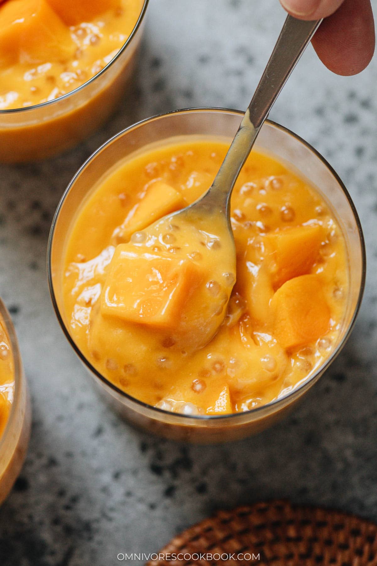 Close up of a cup of mango sago