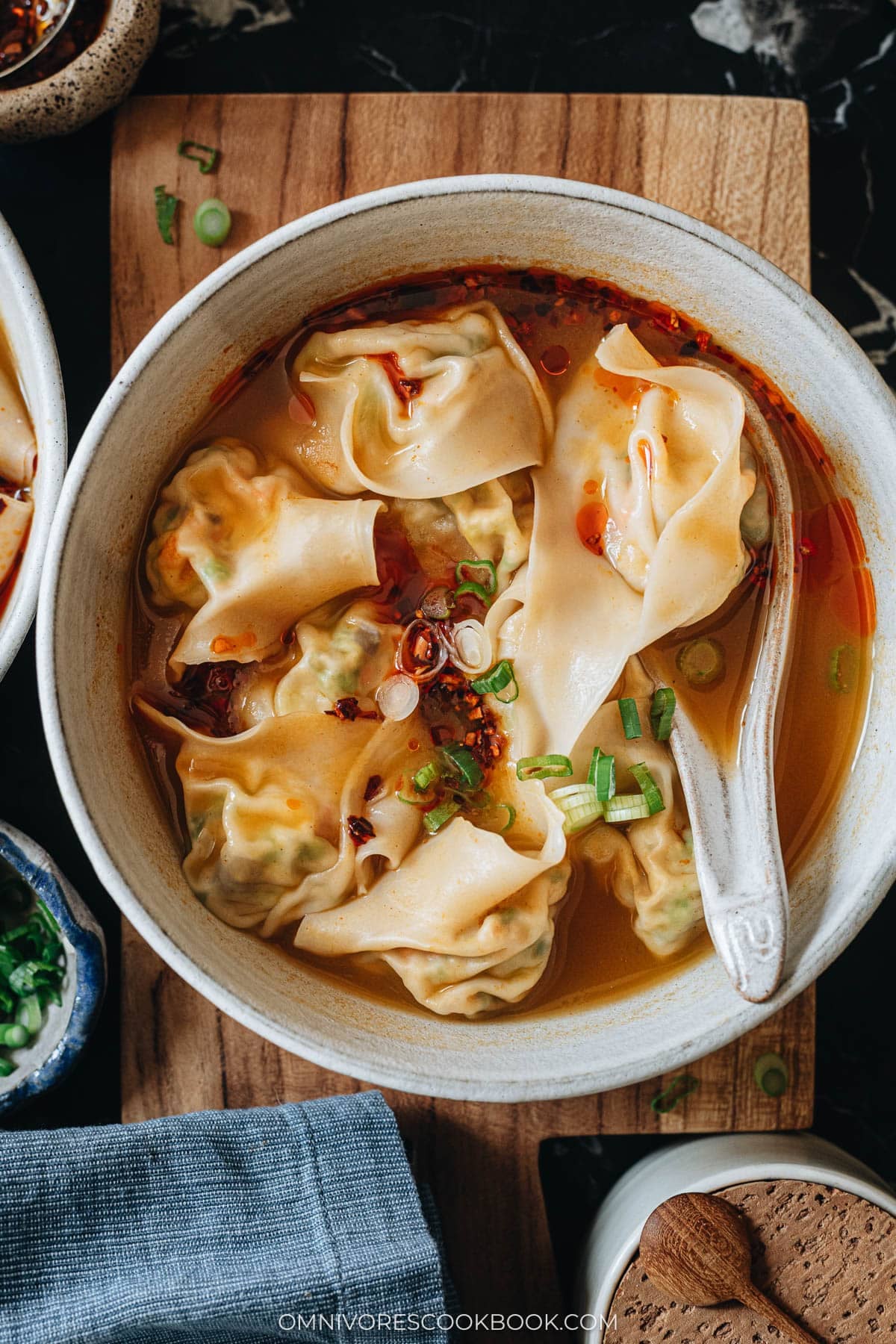 One bowl of soup with vegan wontons